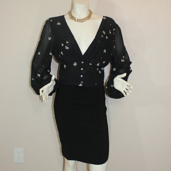 Oak an Fort black blouse  lined floral V neck  4 buttons long sleeve size  Large - Picture 1 of 8